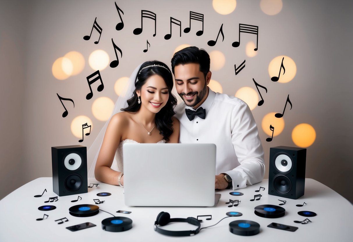 A couple surrounded by music notes and wedding decor, selecting songs on a laptop for their wedding playlist
