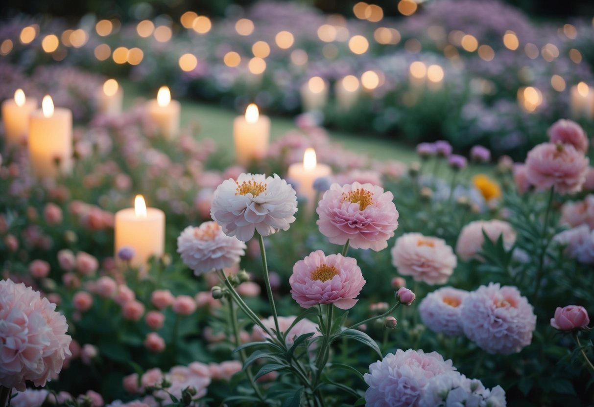 A serene garden filled with pastel blooms and soft candlelight