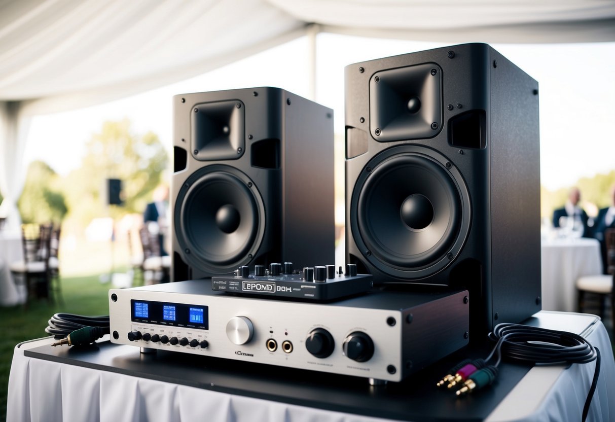 A speaker system set up at a wedding venue, with audio cables connected to a music player and equalizer, ensuring high-quality sound without a professional DJ