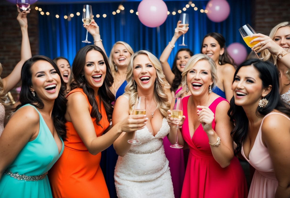 A group of women celebrating at a lively bachelorette party, with the mother of the bride enjoying the festivities and contributing to the expenses