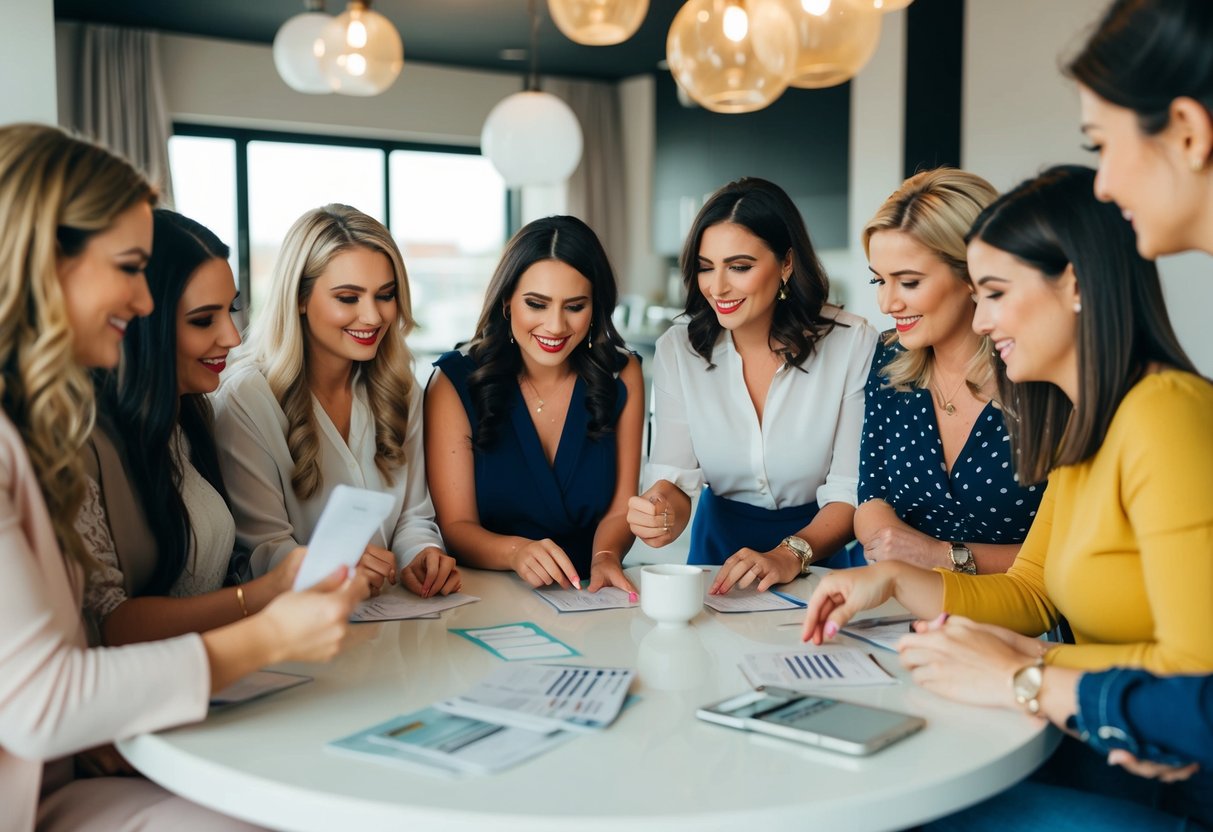 A group of women gather around a table, tallying up expenses and discussing who will cover the costs for the upcoming hen party