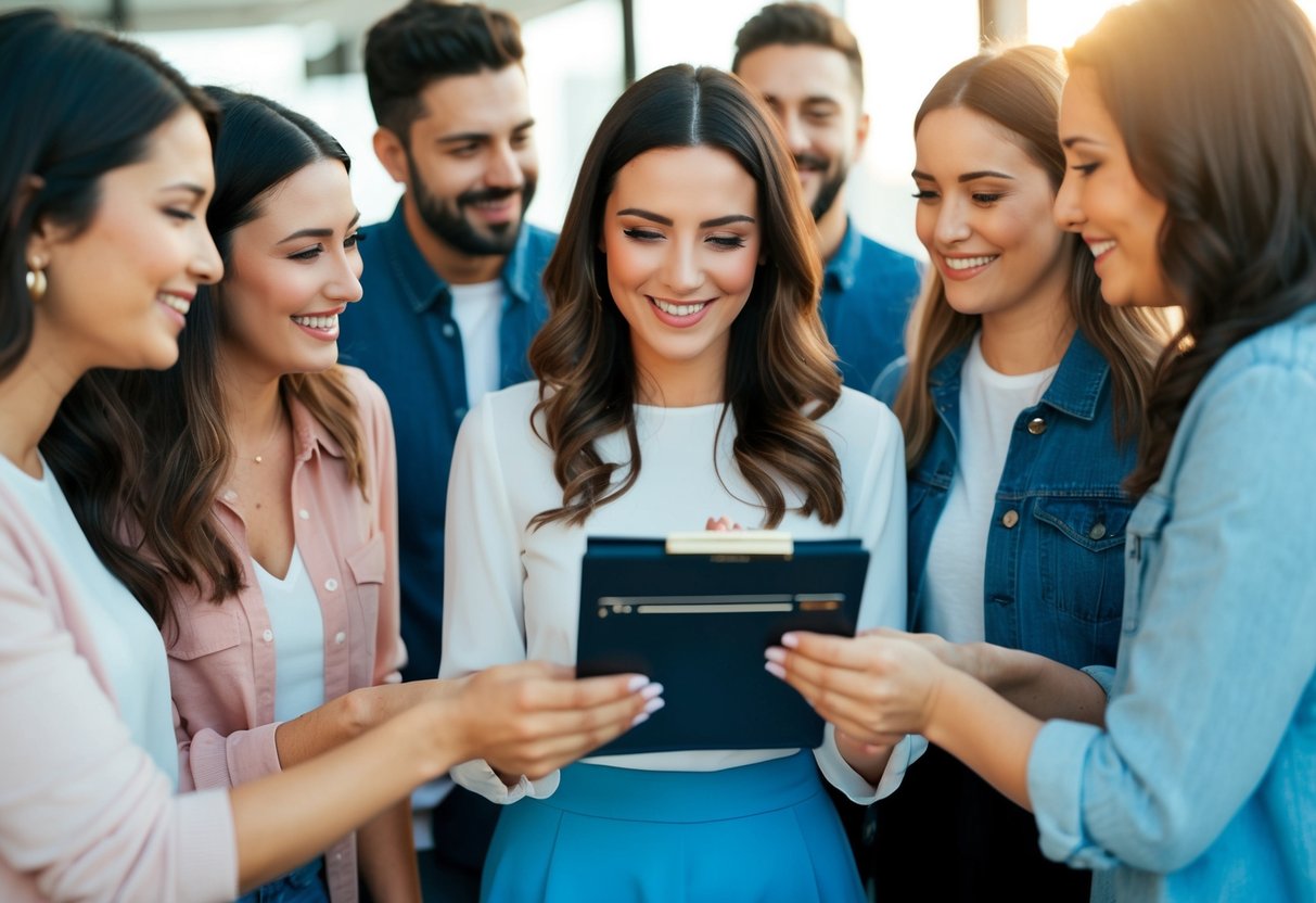 A woman surrounded by friends, holding a checkbook and looking at a list of expenses for a hen do