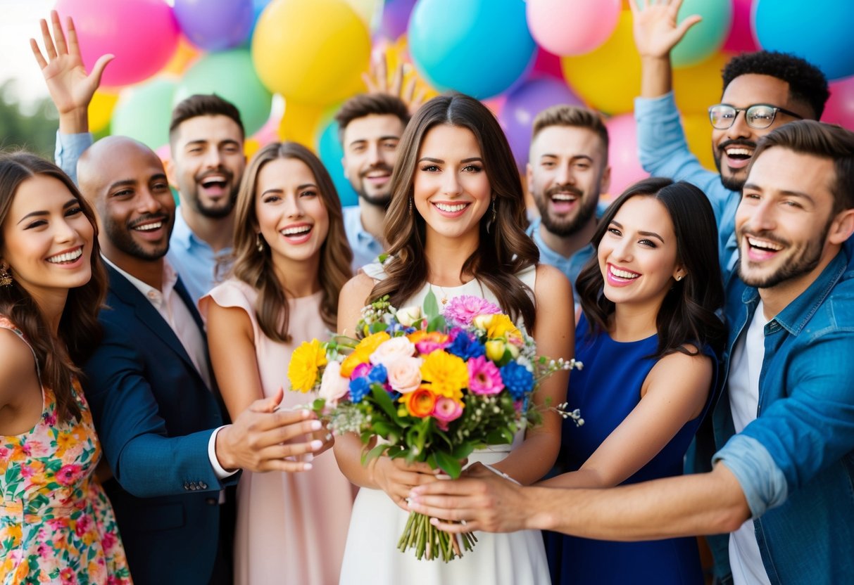 A woman holding a bouquet of flowers and surrounded by happy friends at a lively and colorful celebration
