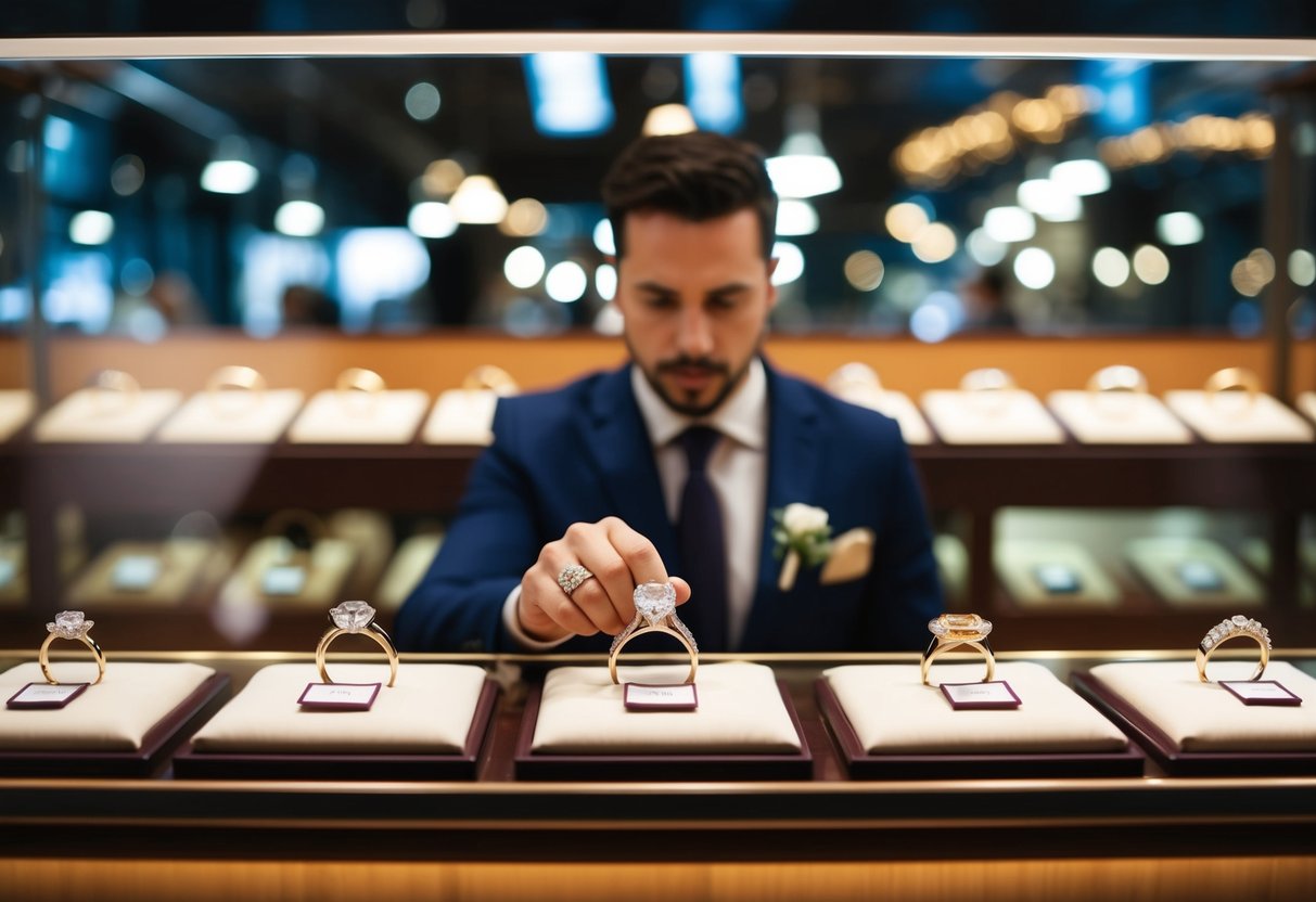 A jeweler displaying various wedding rings with price tags in a well-lit showcase