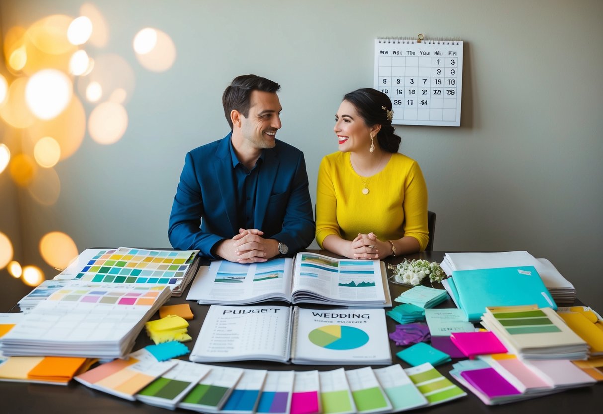 A couple sits at a table covered in wedding magazines and budget spreadsheets, surrounded by colorful swatches and decorative samples. A calendar on the wall shows the date four months away