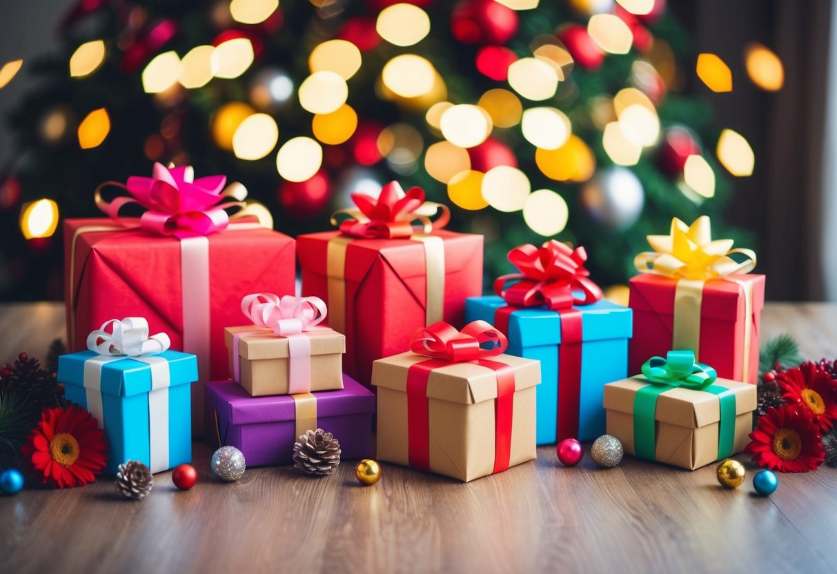 A table with wrapped gifts of varying sizes and shapes, surrounded by colorful decorations and flowers