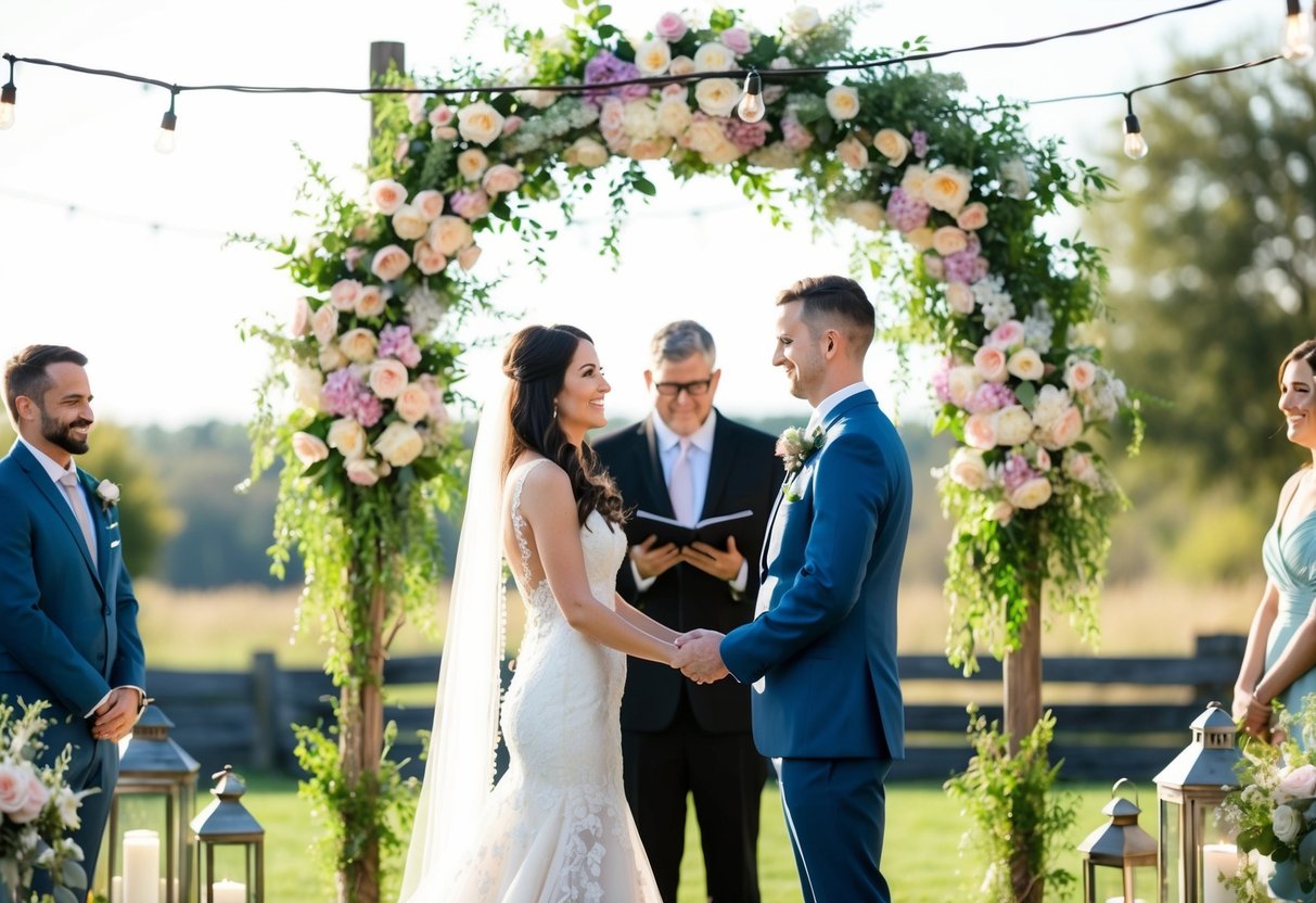 A bride and groom exchange vows under a blooming floral arch in a rustic outdoor setting, surrounded by string lights and lanterns