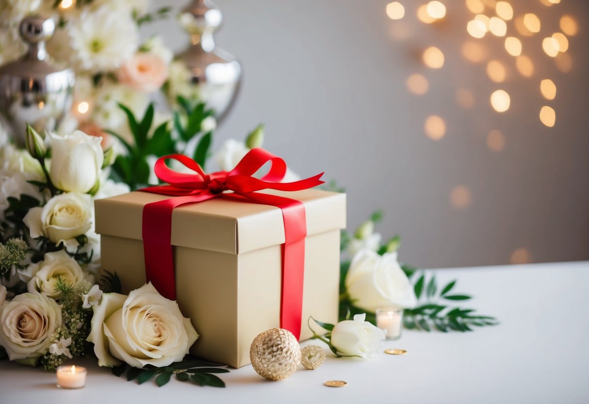 A beautifully wrapped gift box surrounded by elegant wedding decor and flowers
