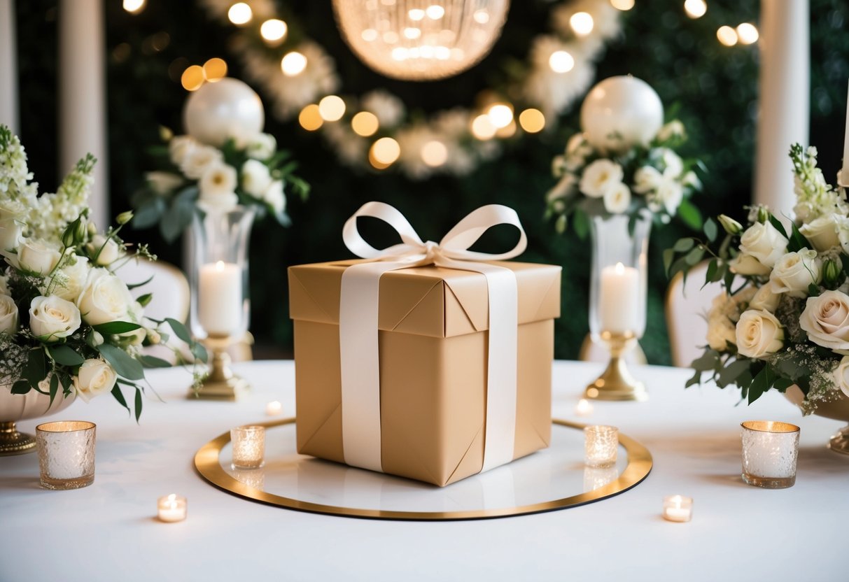 A beautifully wrapped gift box surrounded by elegant wedding decor and floral arrangements