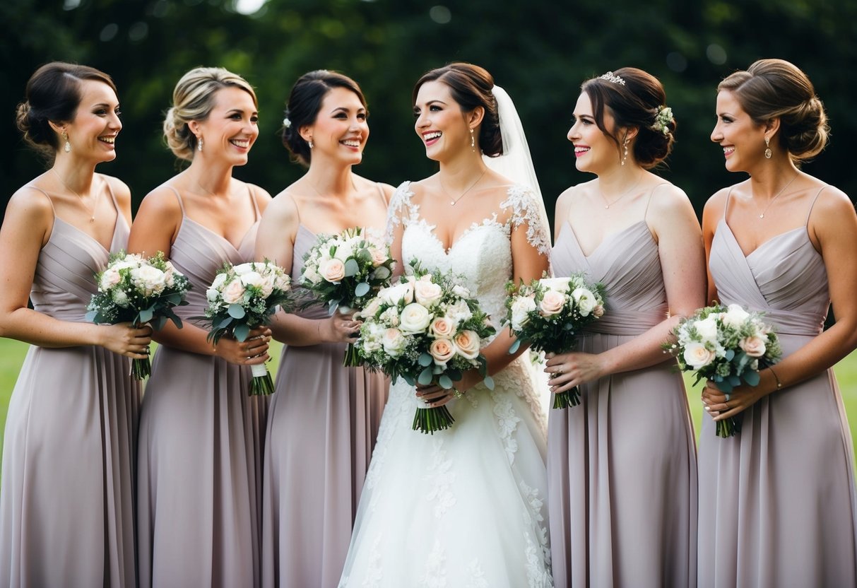 Six bridesmaids in matching dresses stand in a row, holding bouquets, smiling at the bride
