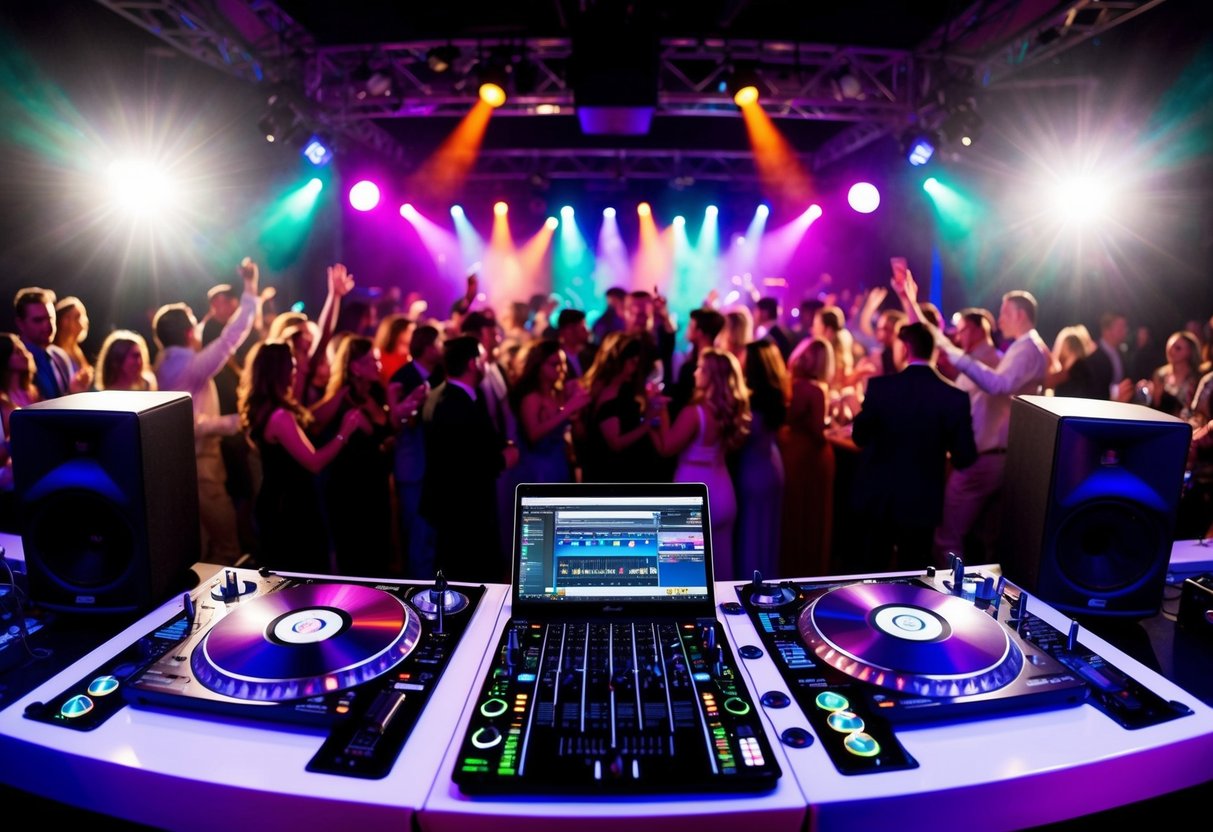 A DJ booth with turntables, mixer, and laptop set up. Colorful lights and speakers surround the area. A dance floor filled with guests celebrating