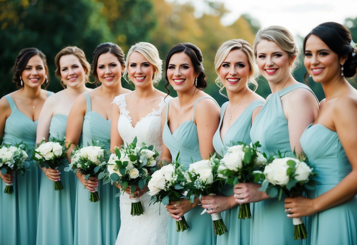 A group of bridesmaids in matching dresses stand in a line, holding bouquets and smiling as they pose for a photo