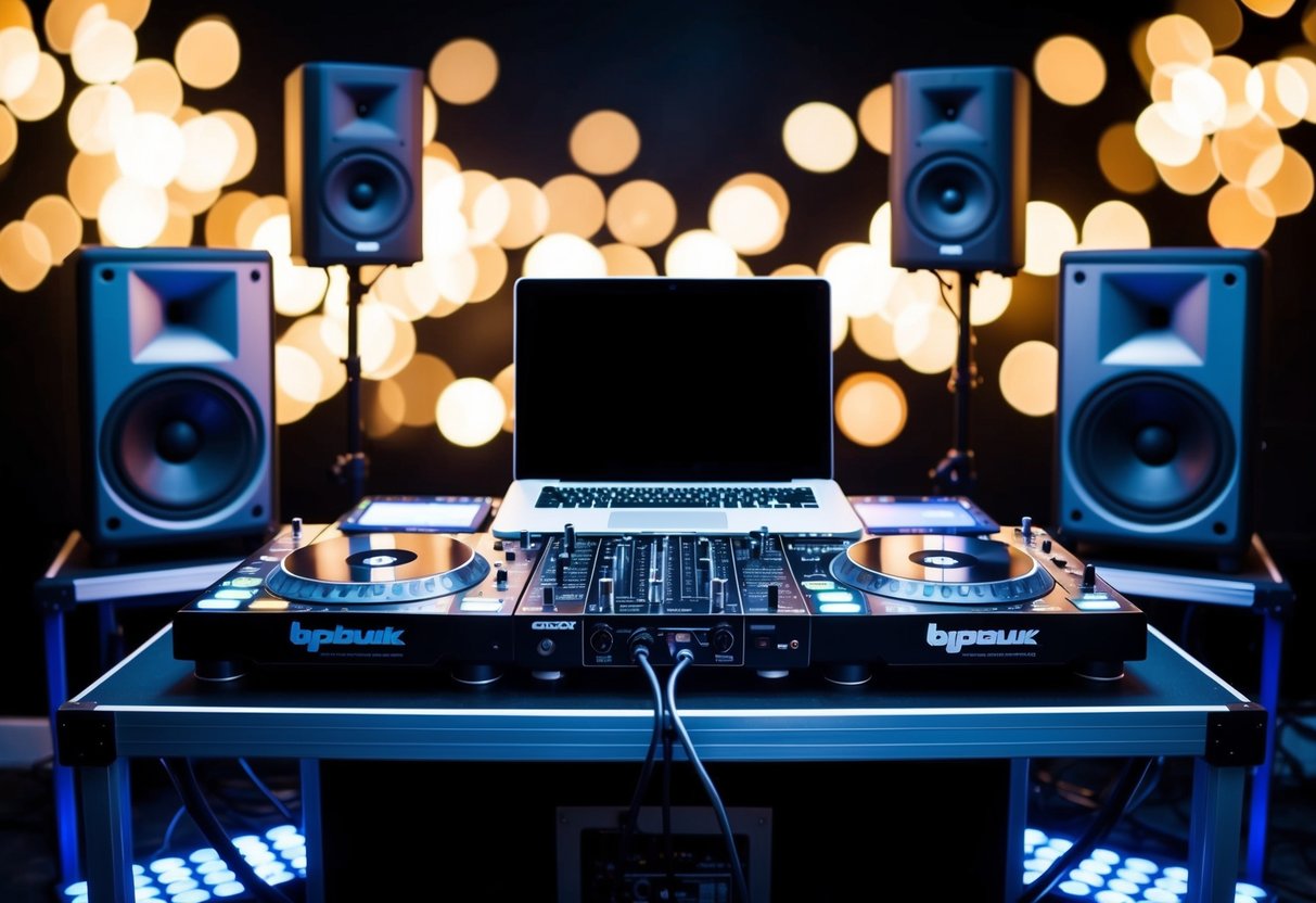 A DJ booth with turntables, mixer, and laptop set up on a table. Speakers and lighting equipment arranged around the booth