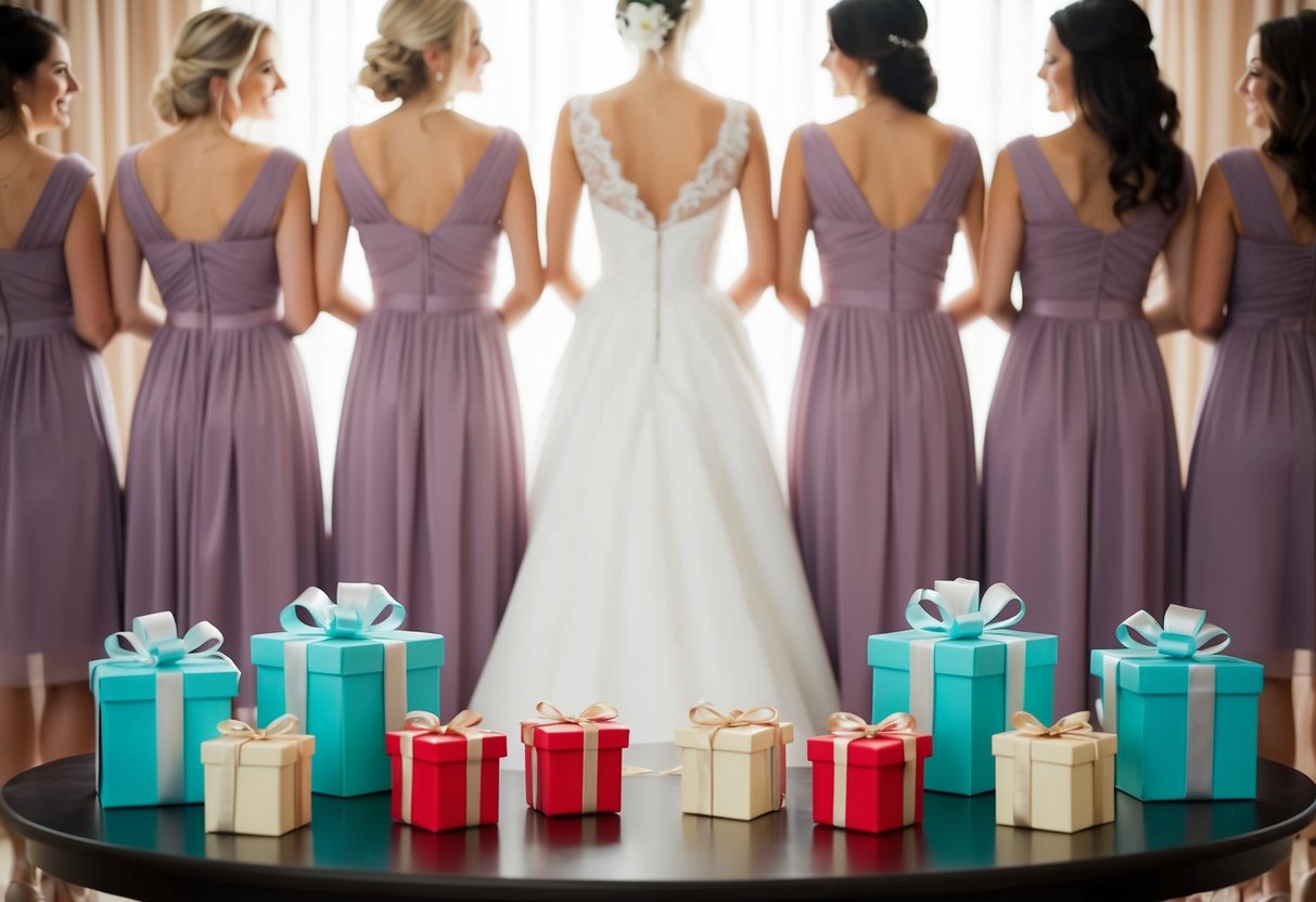 A group of bridesmaid dresses and gift boxes arranged on a table