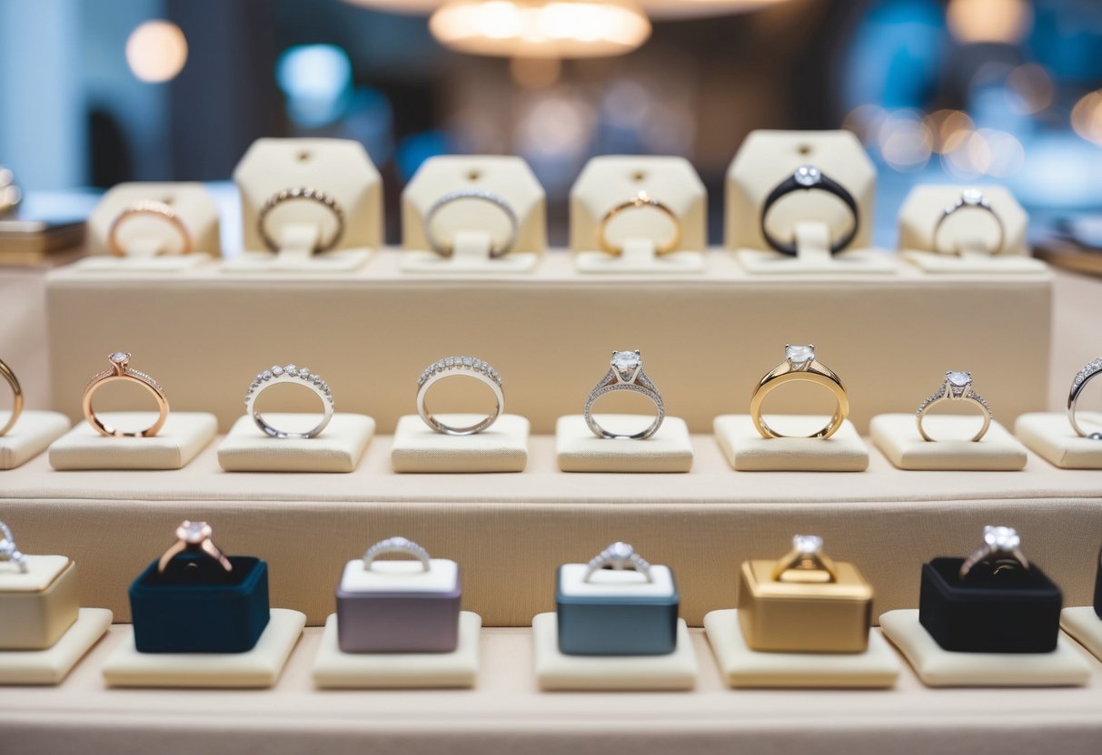 A jewelry store display showcasing various wedding bands in different styles and metals