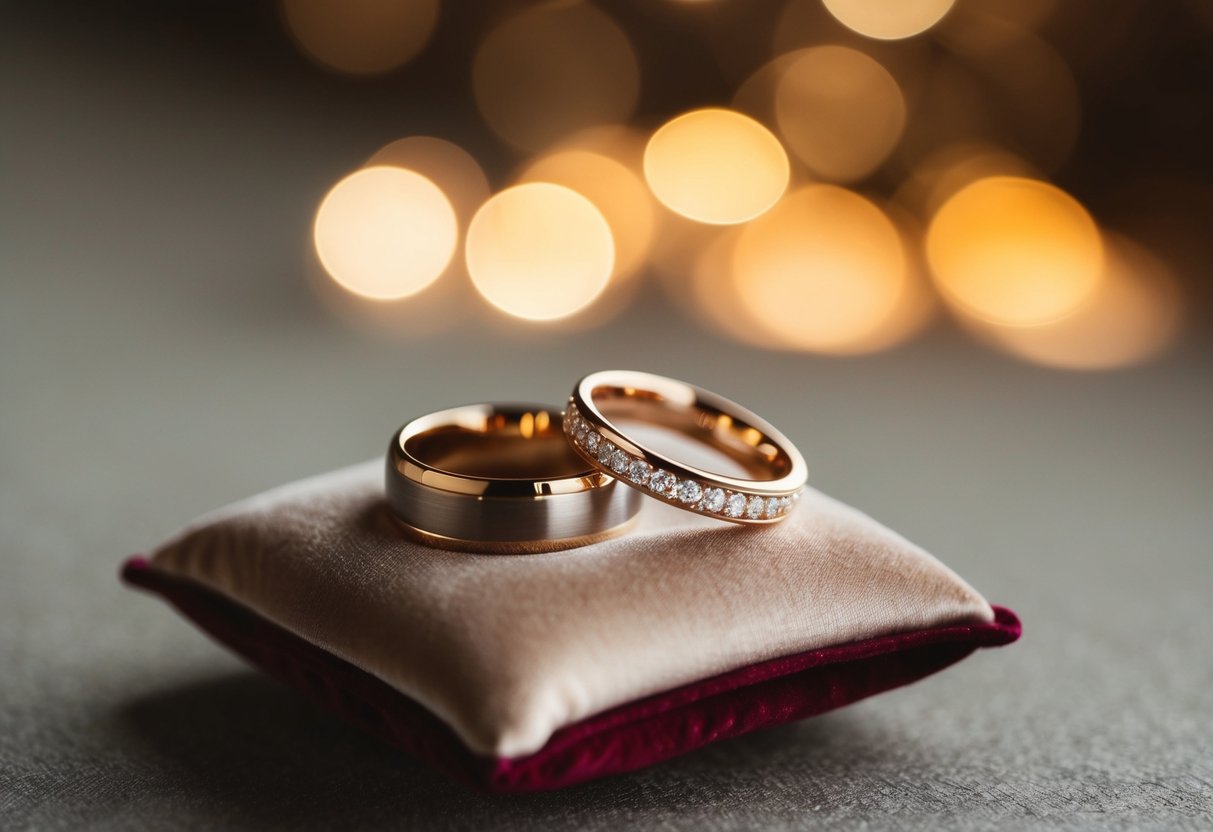 Two wedding rings resting on a velvet cushion, bathed in soft, warm light, with a subtle sparkle that catches the eye