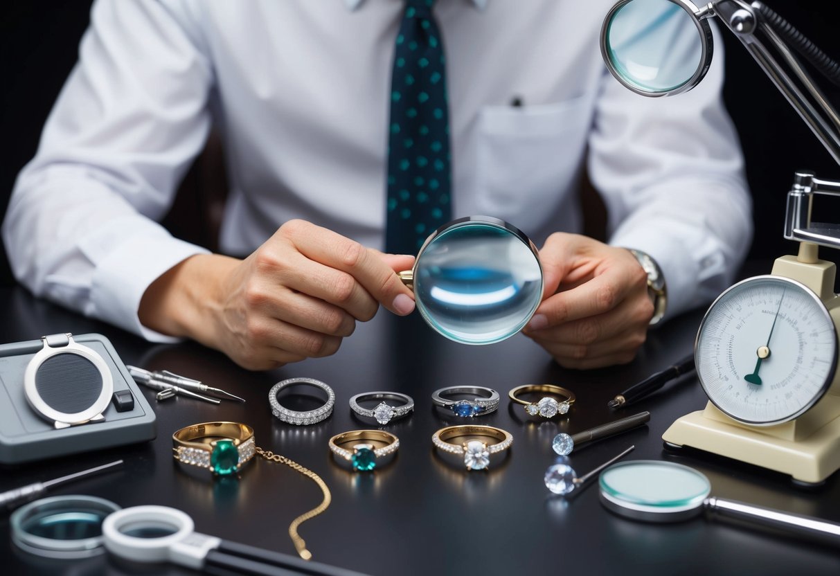 A jewelry appraiser carefully examines a collection of wedding rings, surrounded by magnifying glasses, scales, and various gemstone testing tools