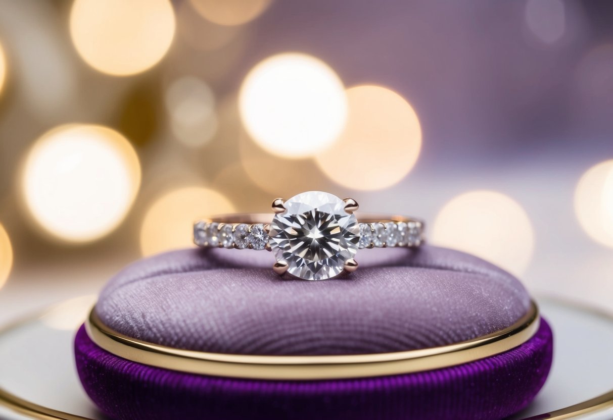 A sparkling diamond ring sits on a velvet cushion, surrounded by soft lighting and a luxurious backdrop, evoking a sense of elegance and timeless value