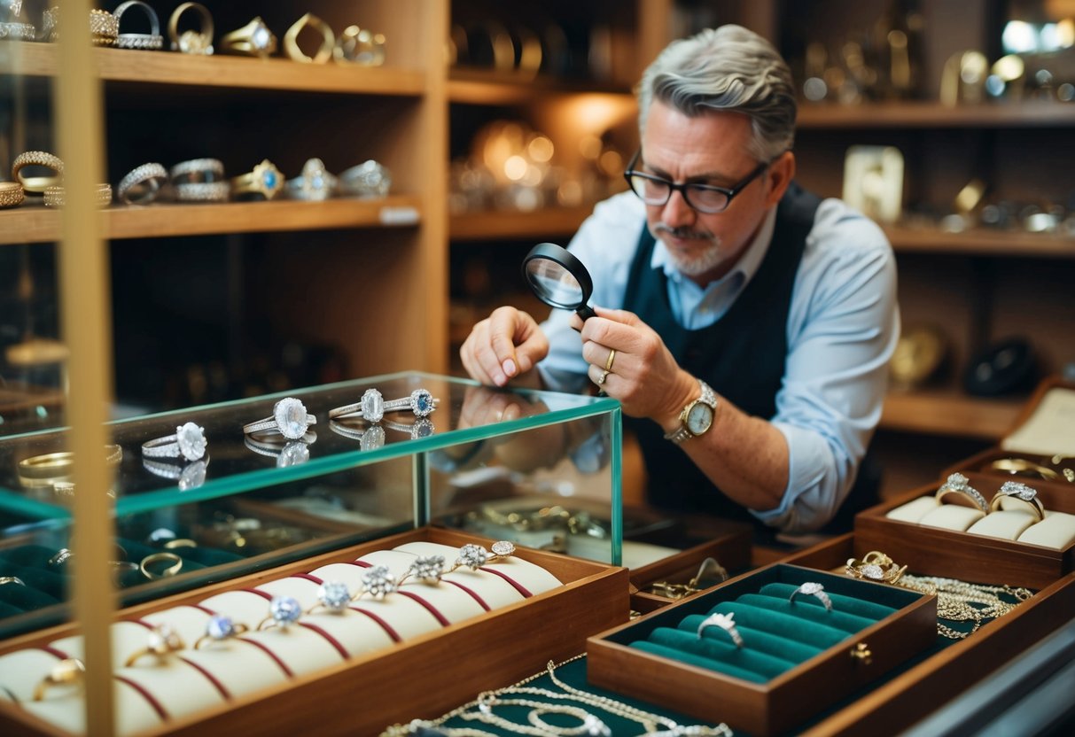 A cluttered antique shop with shelves of vintage rings, a display case of ornate wedding bands, and a jeweler examining a diamond ring with a magnifying glass