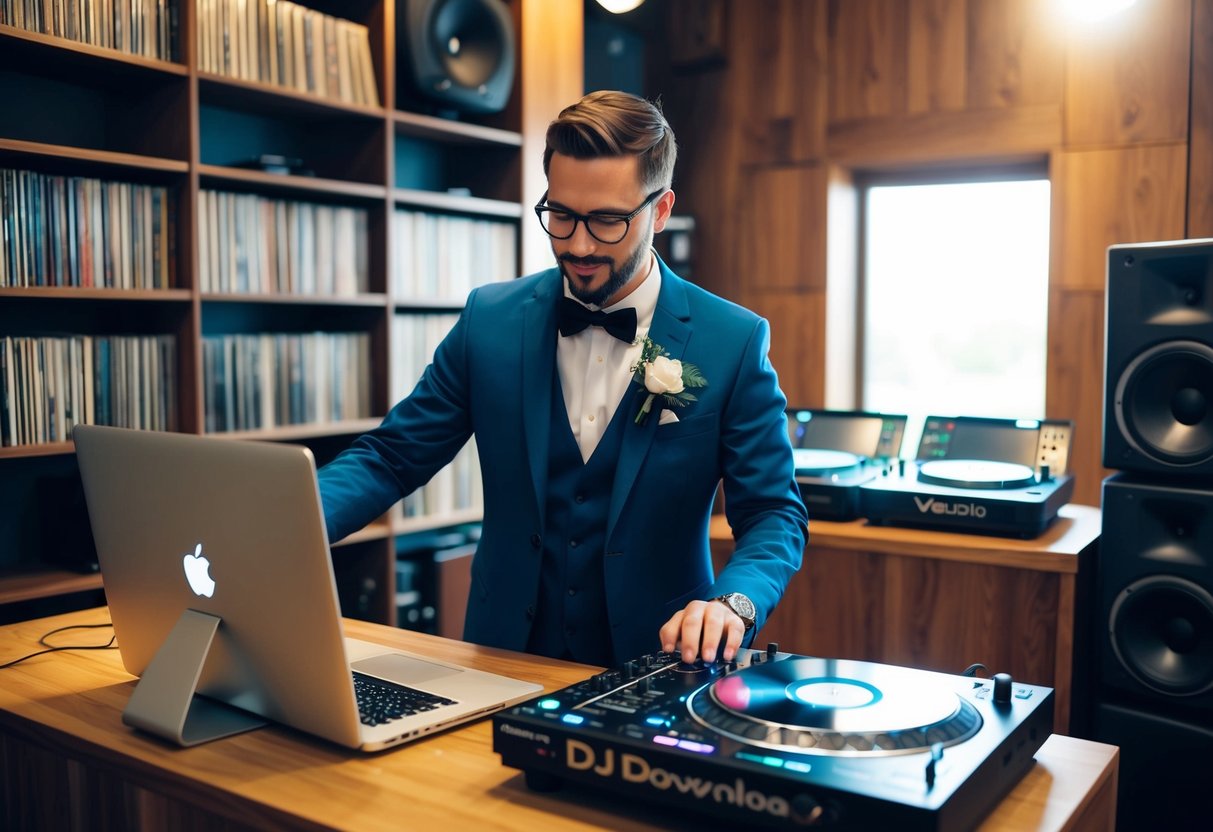 A wedding DJ downloads music from a computer, surrounded by shelves of vinyl records and CDs. A large sound system and mixing equipment are nearby