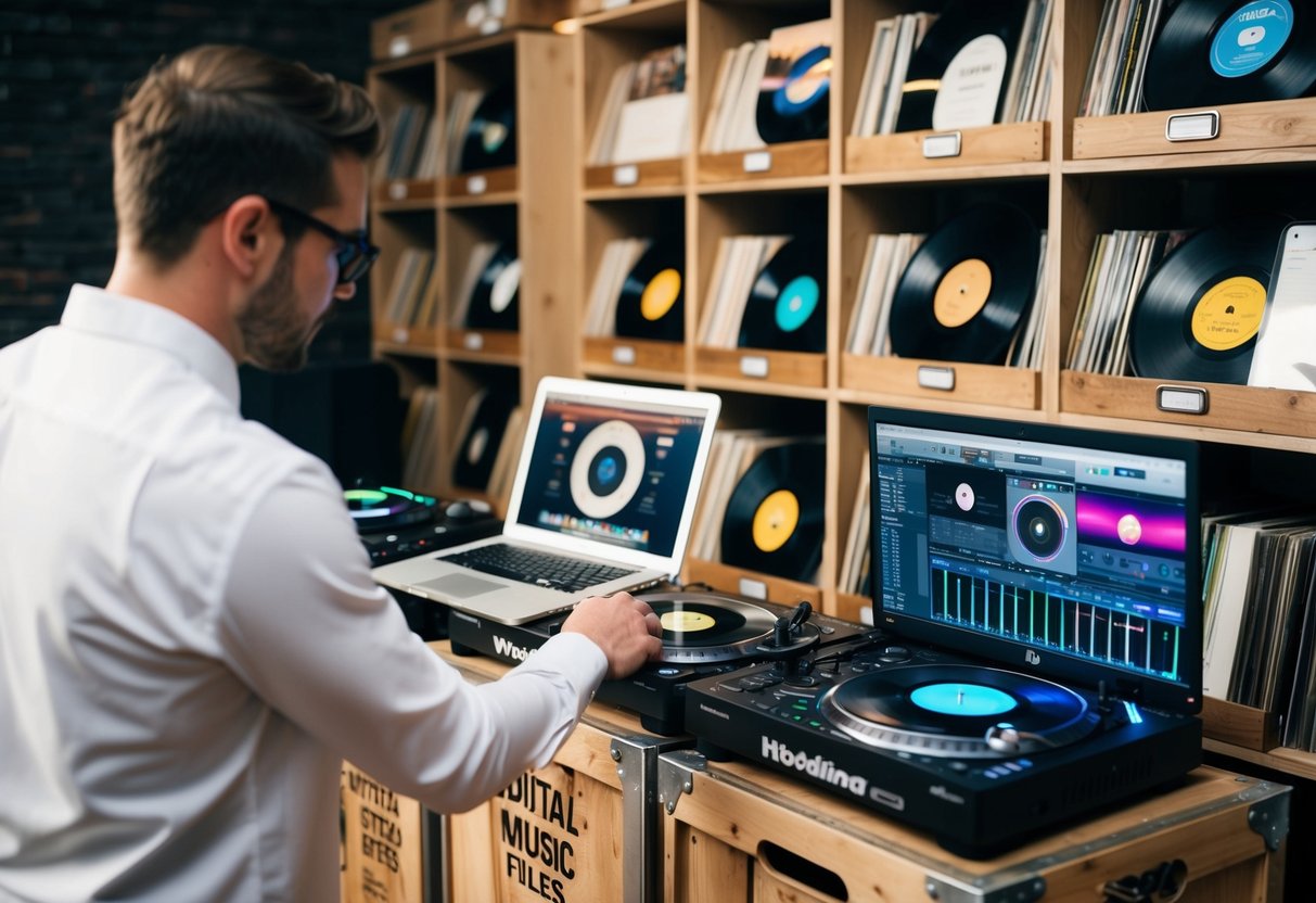A wedding DJ connects a laptop to a large collection of vinyl records and digital music files, organized on shelves and in crates