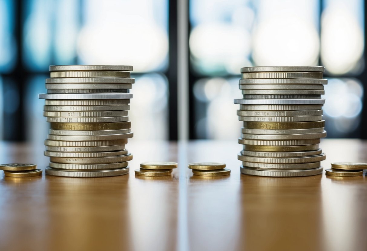 A table with two identical halves, each with a stack of bills and coins, symbolizing equal sharing in a relationship