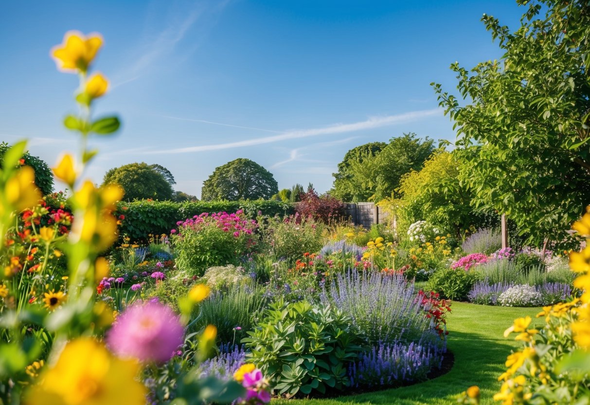 A vibrant garden in full bloom, with a clear blue sky and a gentle breeze