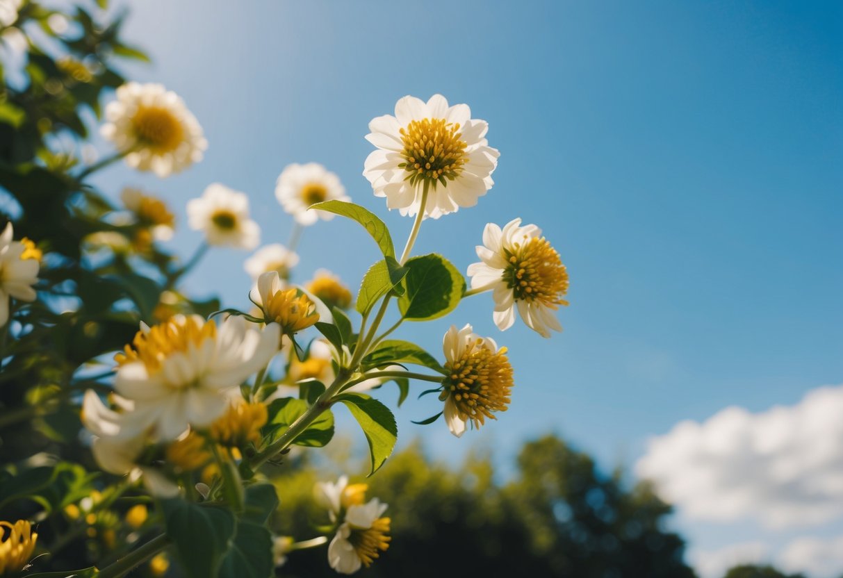 A sunny outdoor wedding in June with blooming flowers and a clear blue sky