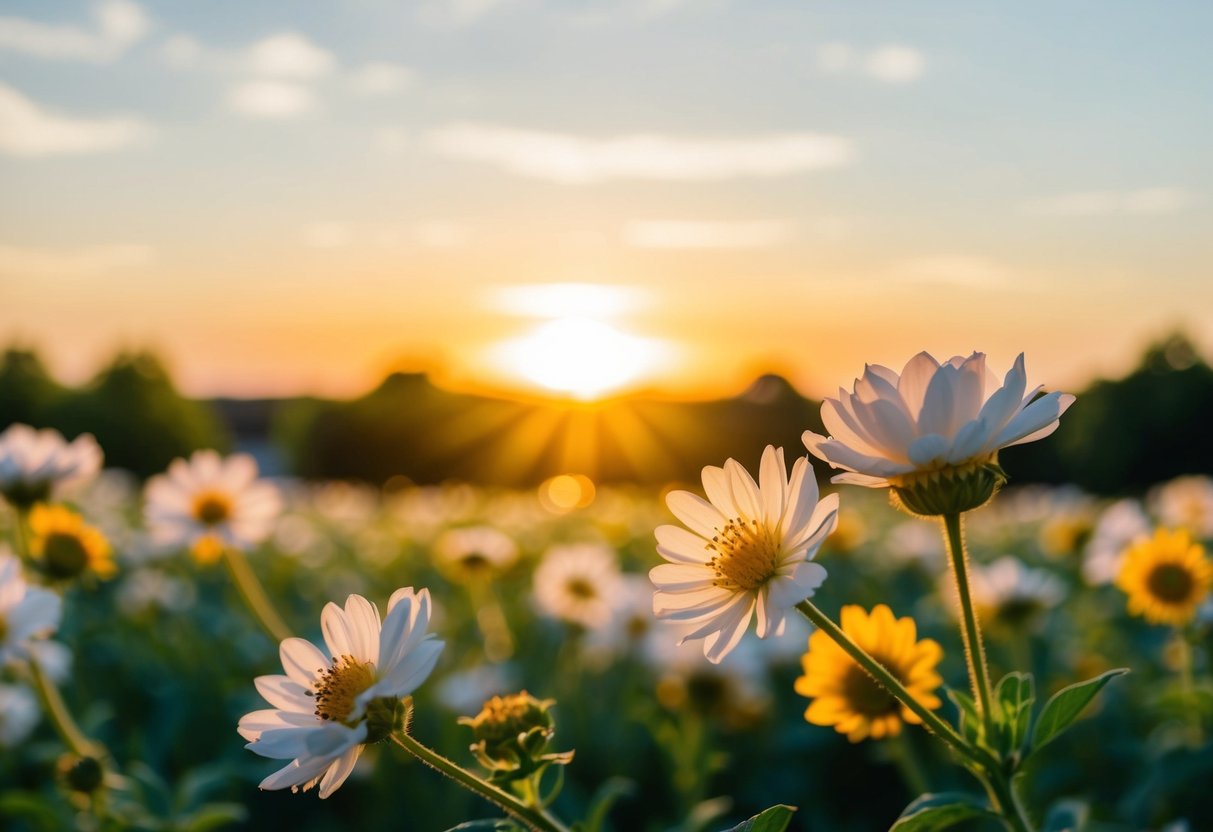 A sunny outdoor wedding in June with blooming flowers and a beautiful sunset
