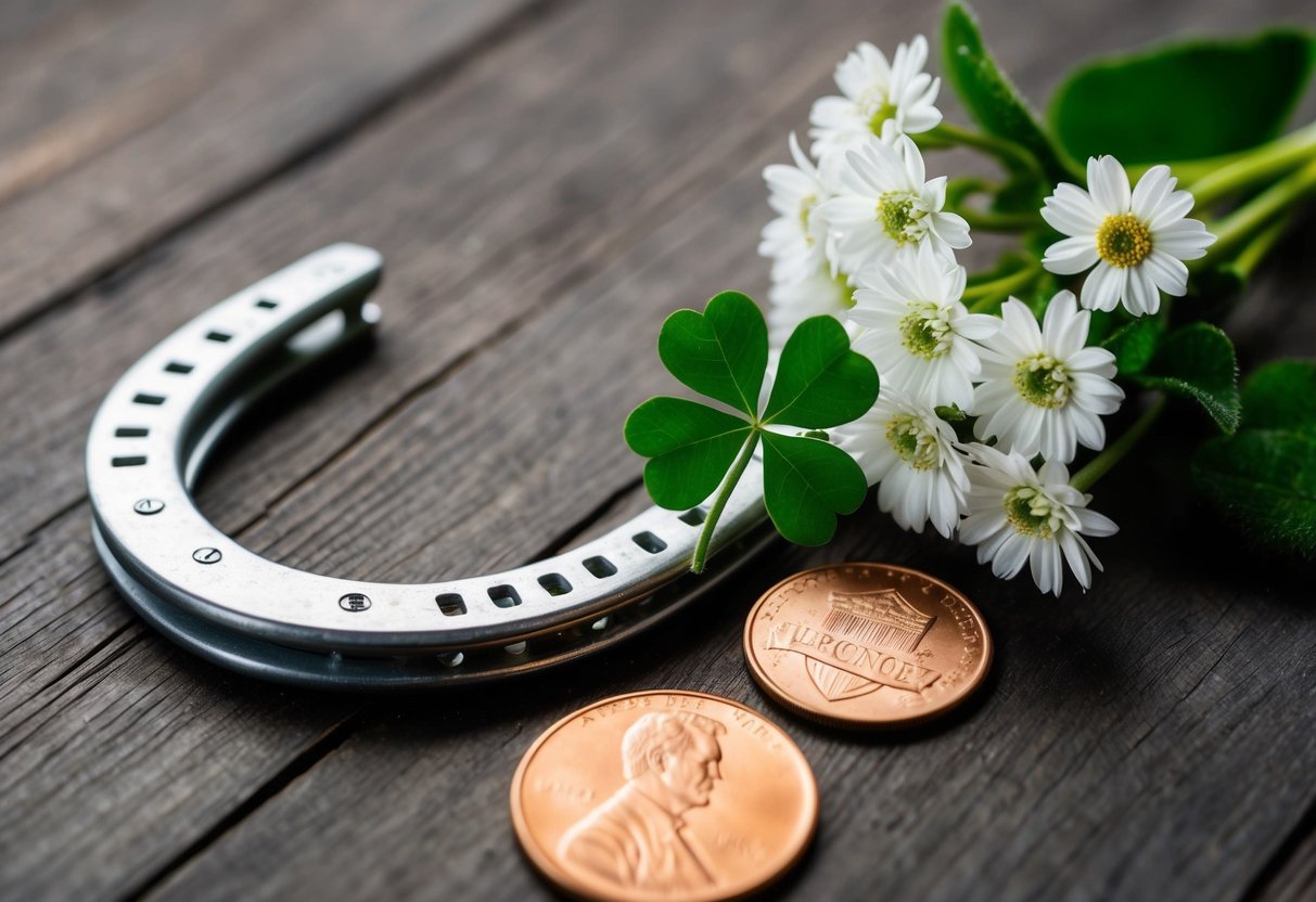 A horseshoe, a four-leaf clover, a lucky penny, and a bouquet of white flowers arranged in a specific pattern