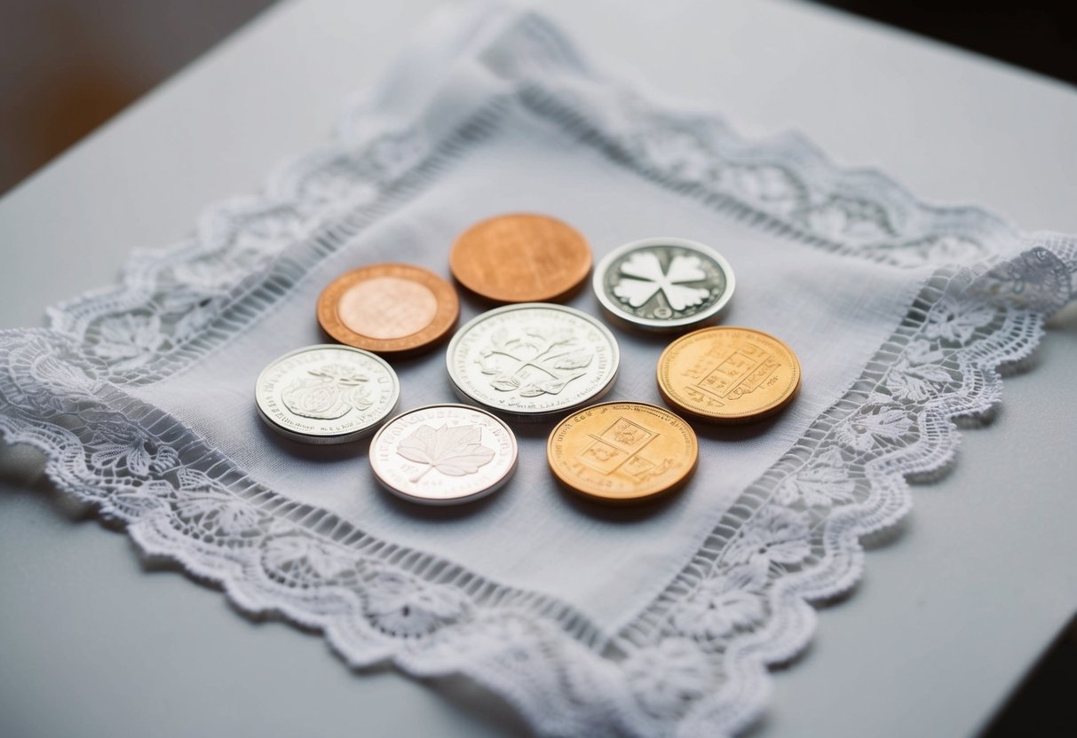A bride's four good luck items: a silver sixpence, something old, something new, and something borrowed, arranged on a lace handkerchief