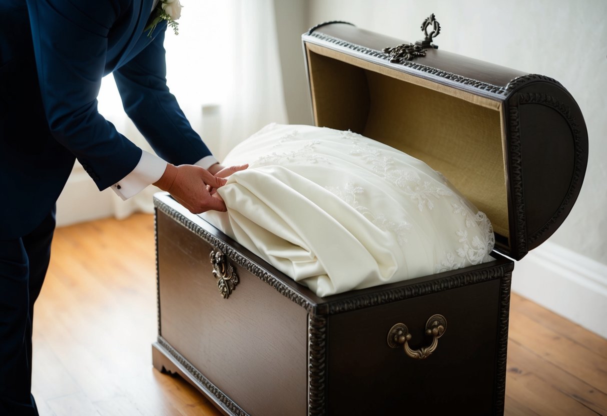 A wedding dress being carefully folded and placed in a large, ornate chest