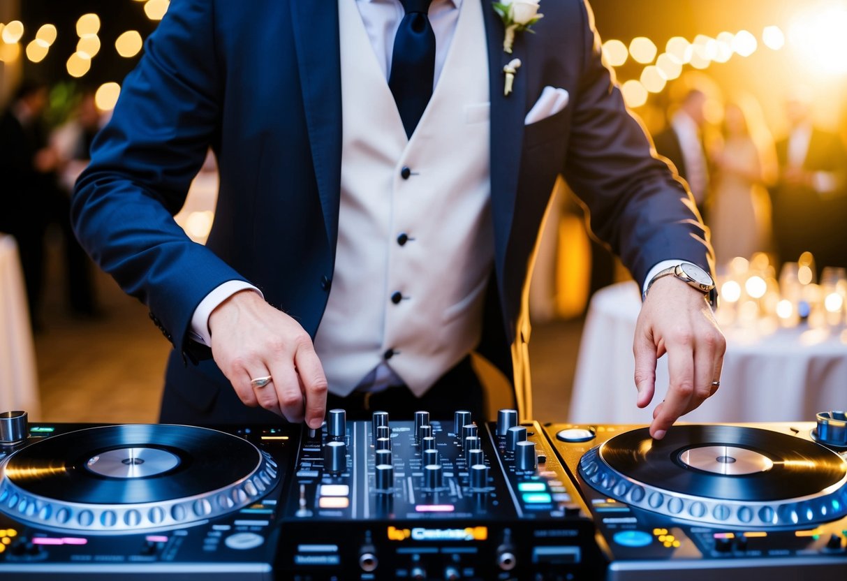 A DJ stands behind a table with turntables and a mixer, adjusting knobs and faders while selecting and playing music for the wedding reception