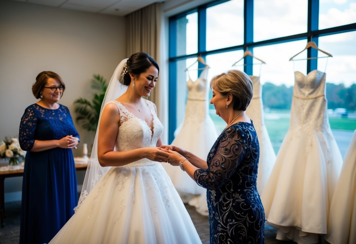 A bride donates her wedding gown to a charity organization, where it is received with gratitude and displayed for future brides to admire and use
