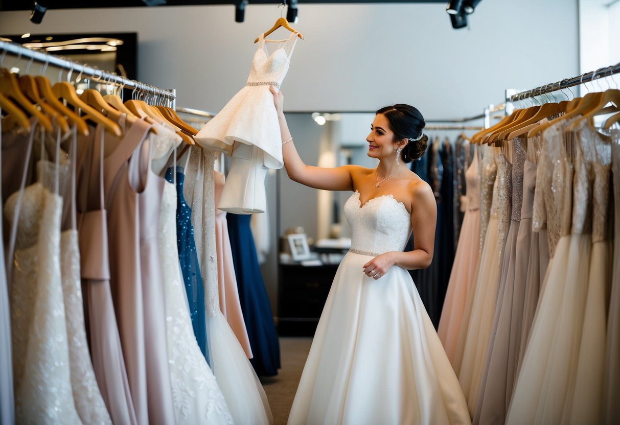 A bride browsing through racks of wedding dresses in a boutique, holding up a gown to examine the details