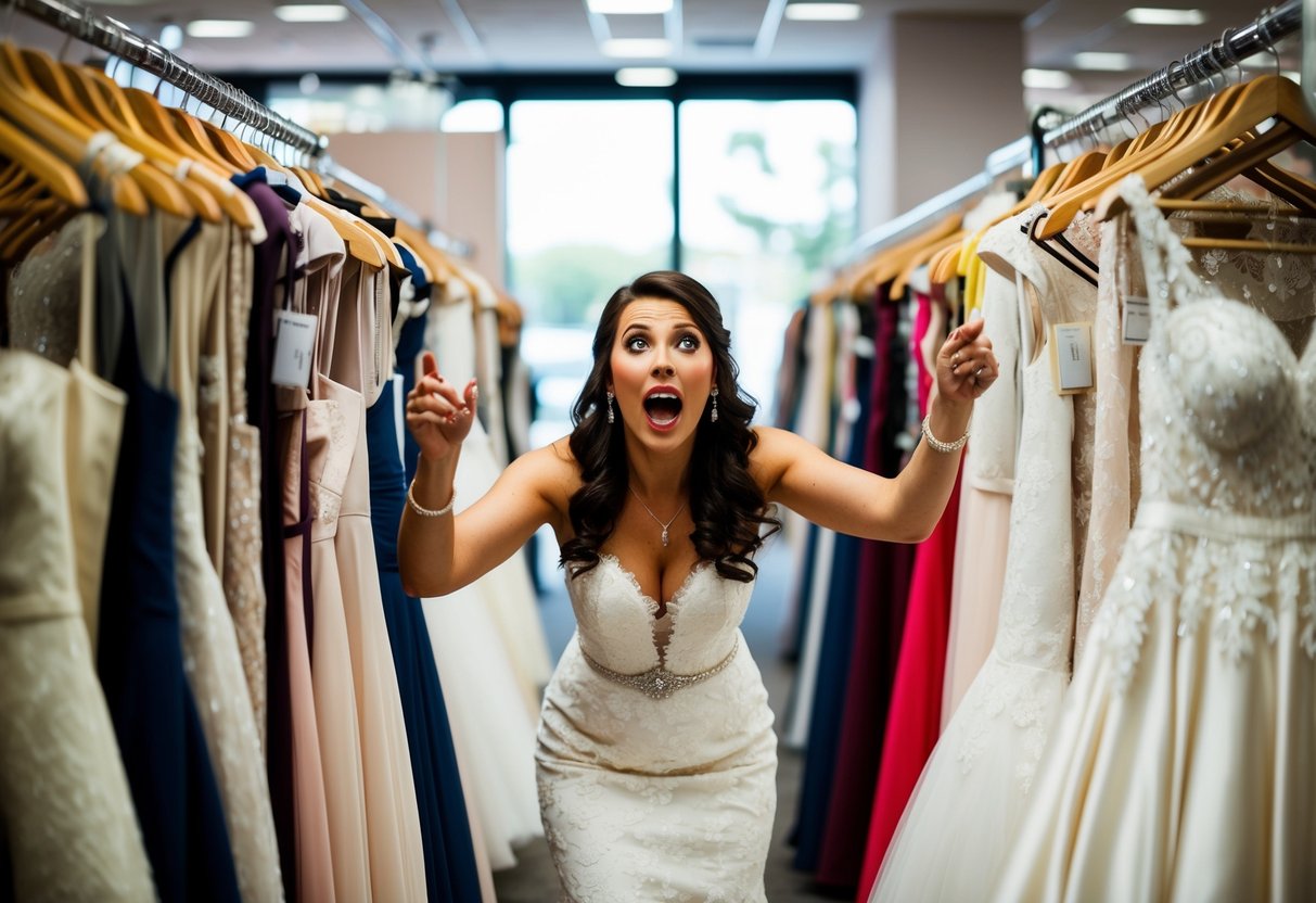 A bride frantically searches through racks of wedding dresses at a boutique, surrounded by a mix of excitement and stress