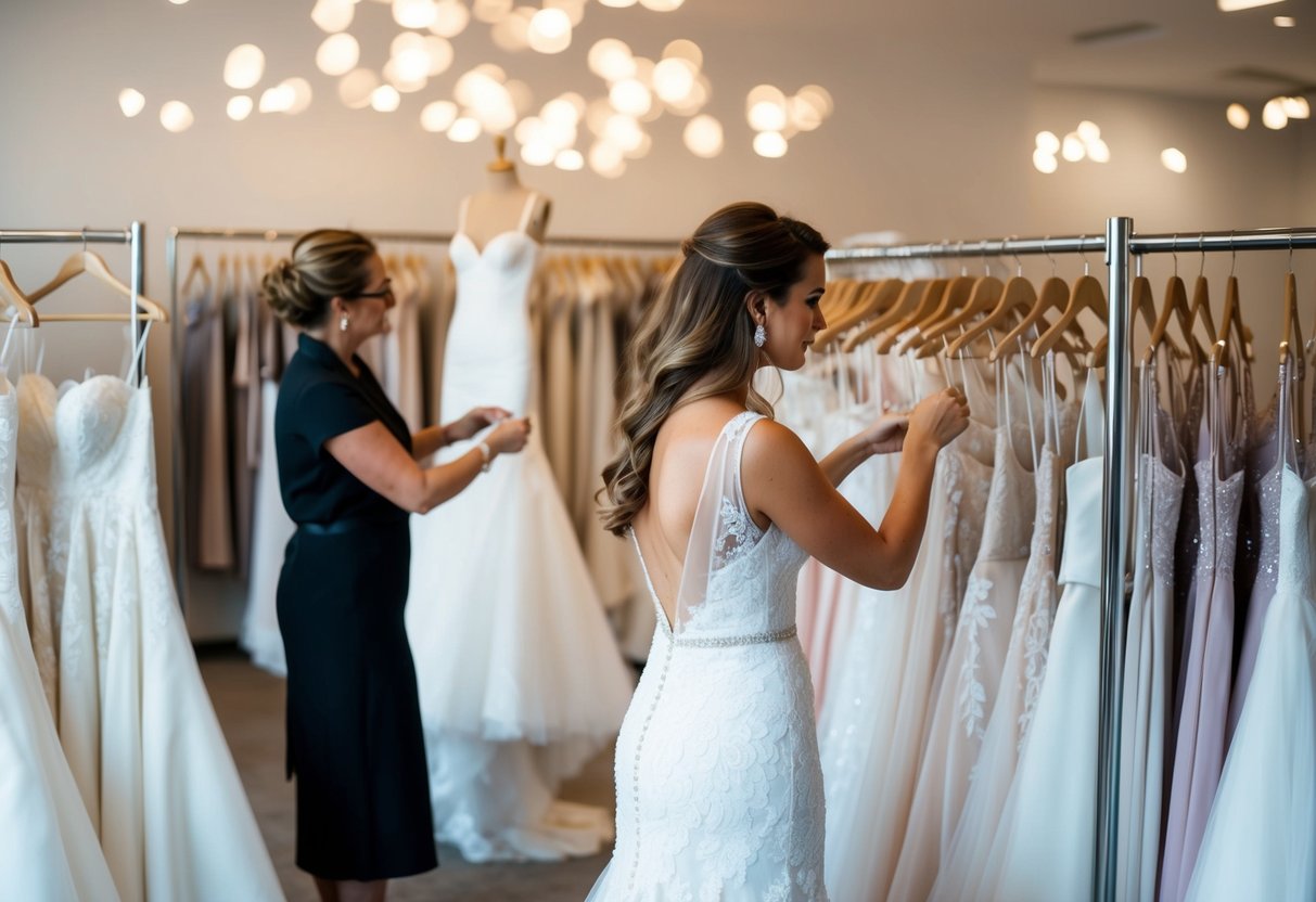 A woman browsing through racks of wedding dresses in a bridal boutique, with a seamstress measuring a dress for alterations in the background