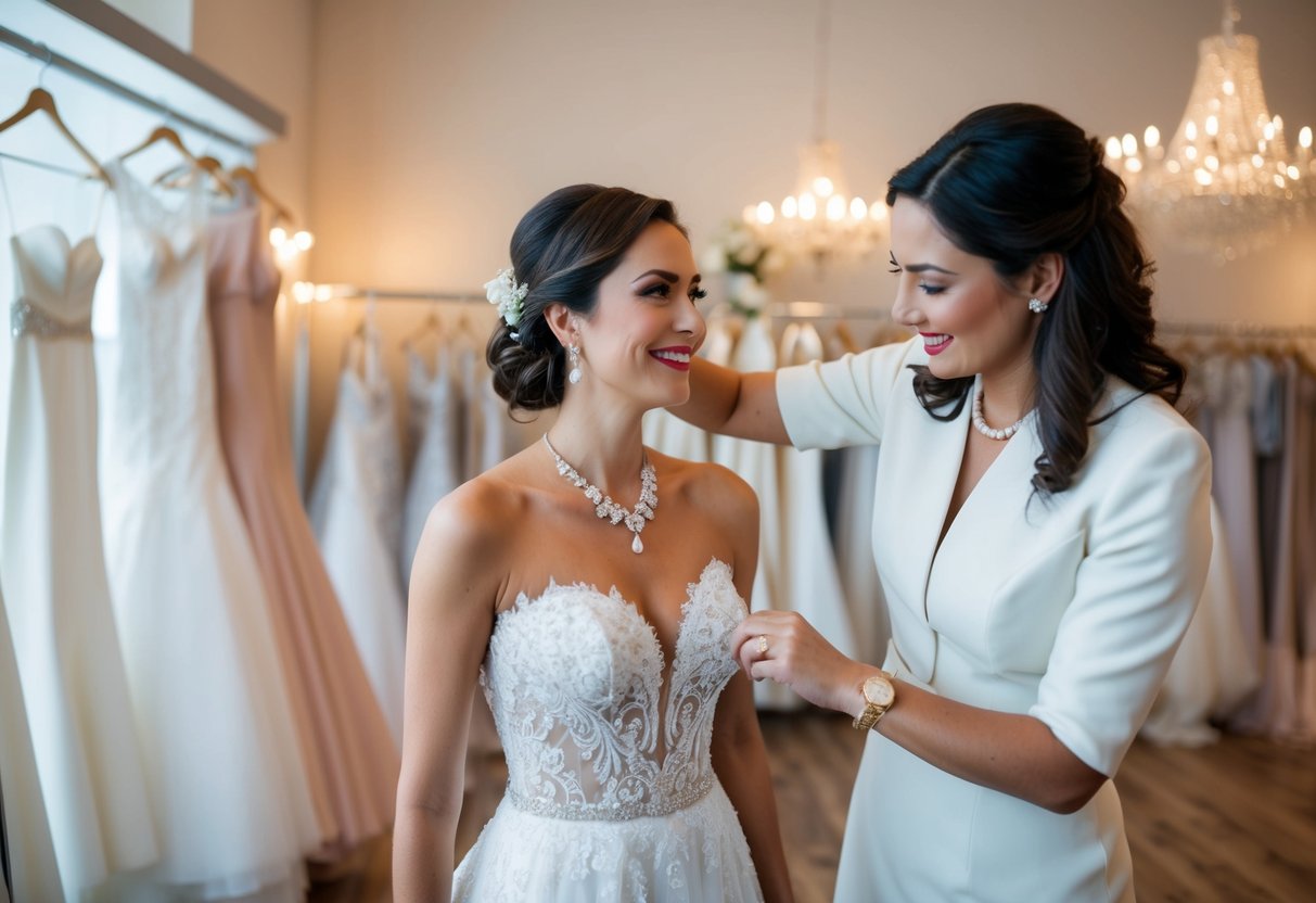 A woman in a bridal boutique, admiring a wedding dress with a consultant adjusting the finishing touches and accessories