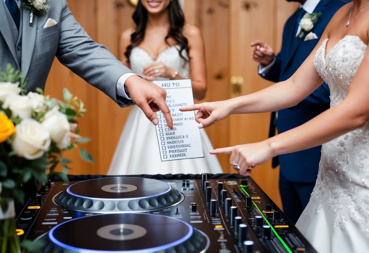 A bride and groom gesture to a DJ, pointing to a list of song titles and making hand signals for volume and tempo
