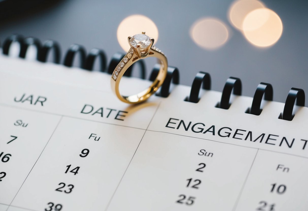 A calendar with a ring on the date of engagement, followed by a wedding date marked a year or more later