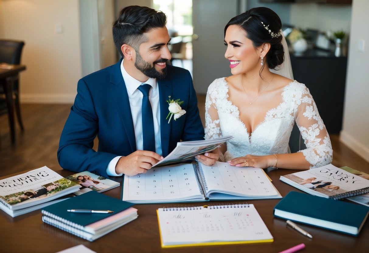 A couple sits at a table, surrounded by wedding magazines and notebooks. A calendar is open, with dates circled and crossed out. They discuss and plan, surrounded by excitement and anticipation