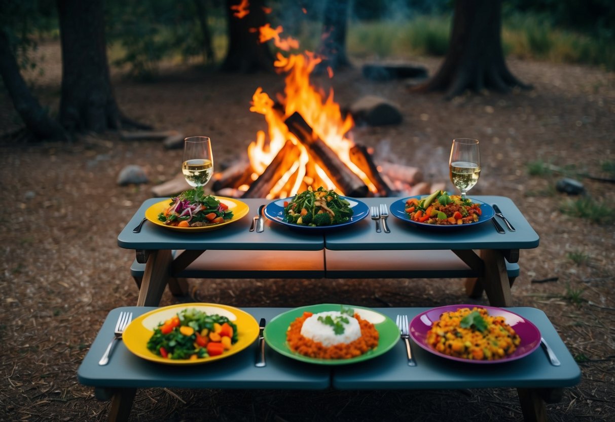 A campsite with a crackling fire, surrounded by trees, and a picnic table set with five colorful and delicious vegetarian dishes ready to be enjoyed