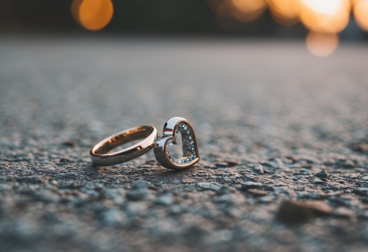 A broken heart-shaped wedding ring lying on the ground