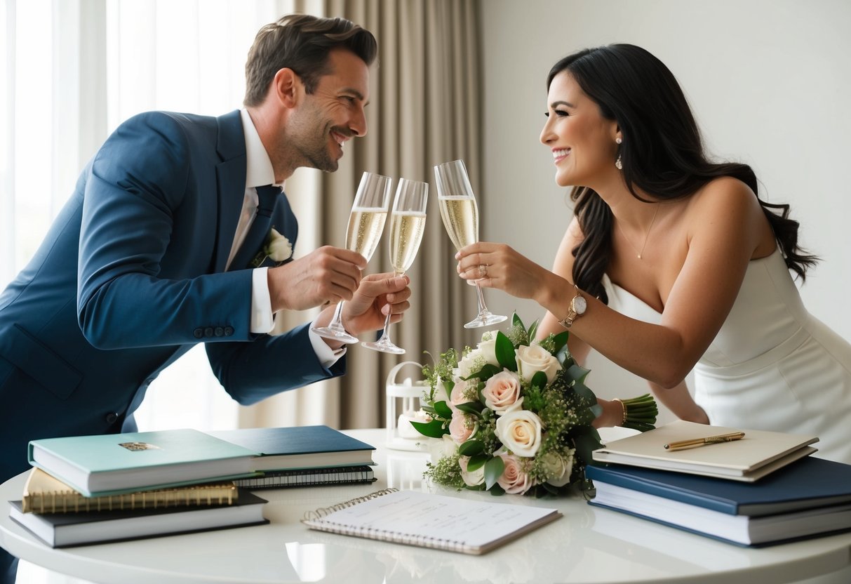 A couple toasting with champagne glasses in front of a table filled with wedding planning books, a calendar, and a bouquet of flowers