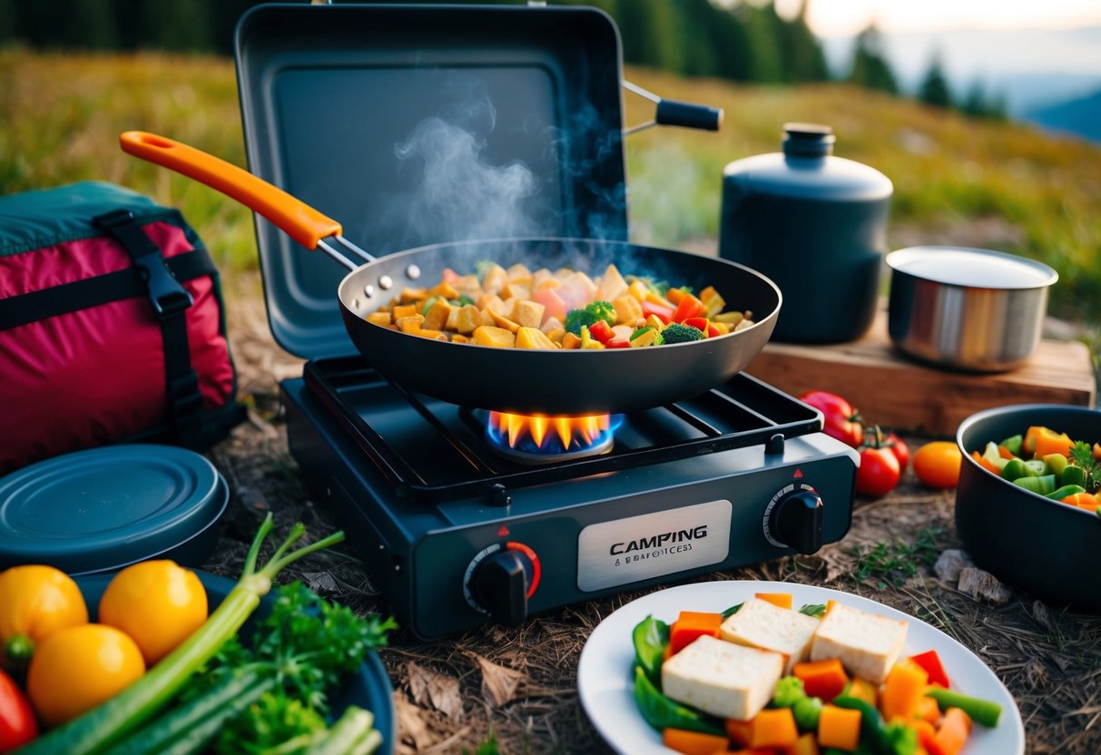 A camping stove with a sizzling pan of colorful vegetables and tofu, surrounded by camping gear and a scenic outdoor setting