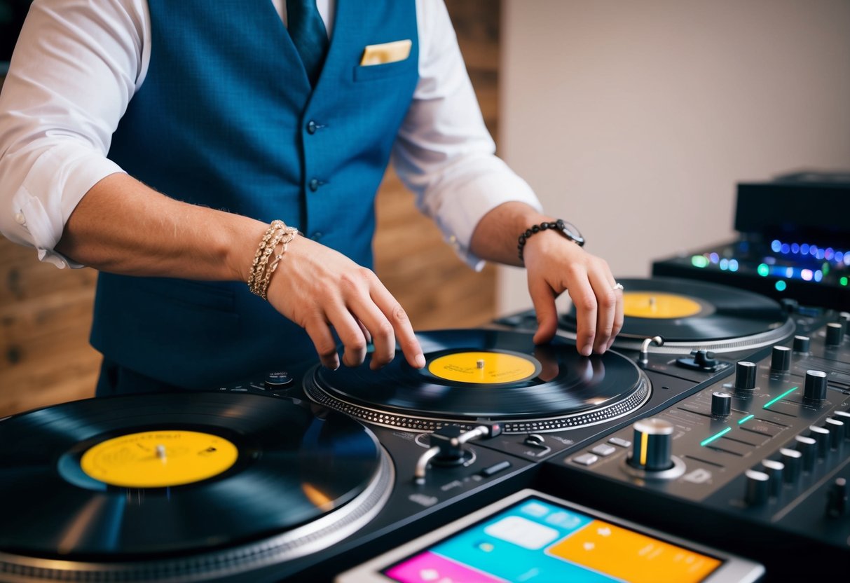 A wedding DJ browsing through a collection of vinyl records and digital music files, selecting tracks for the upcoming event