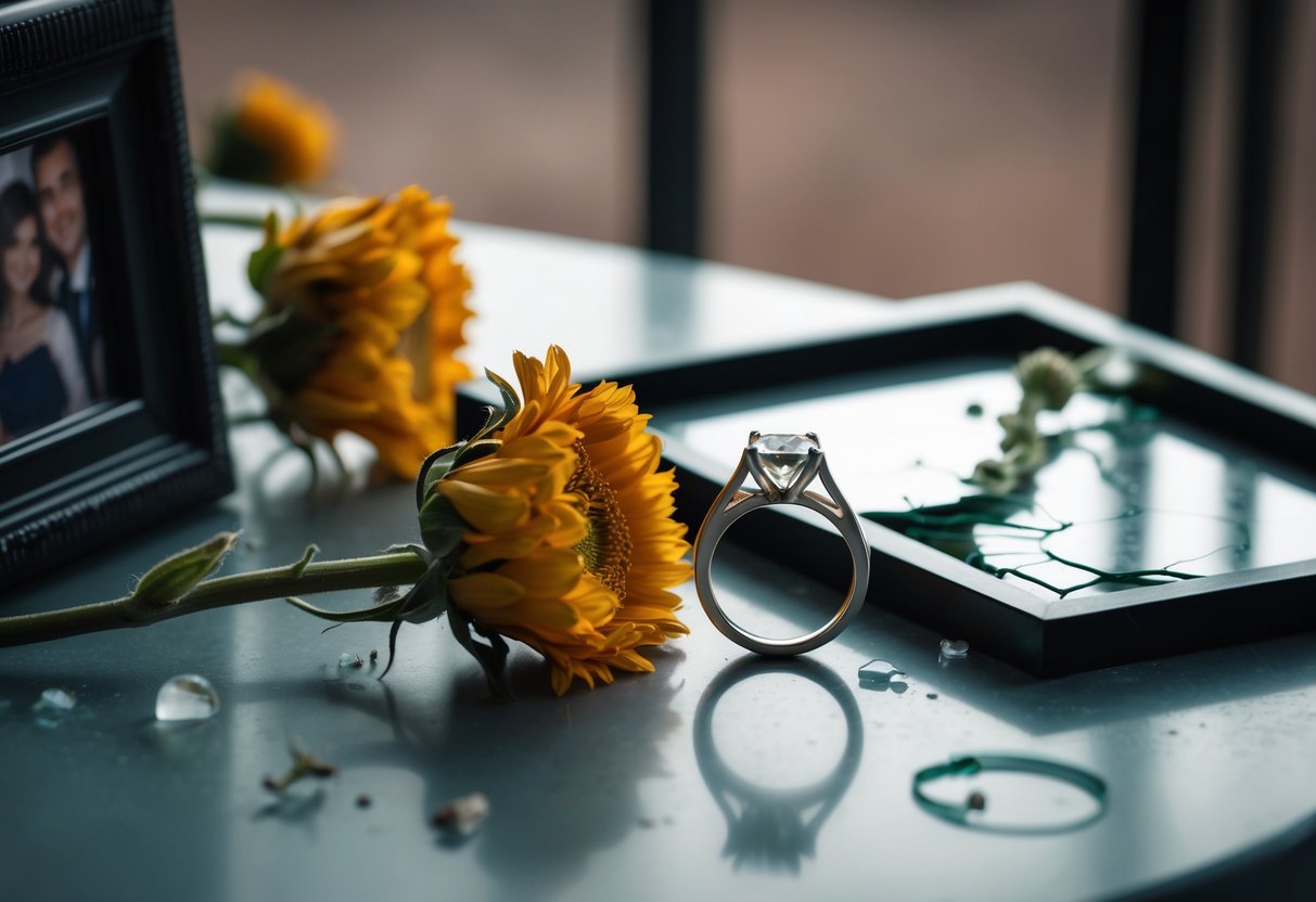 A wedding ring abandoned on a table, surrounded by wilted flowers and a cracked photo frame