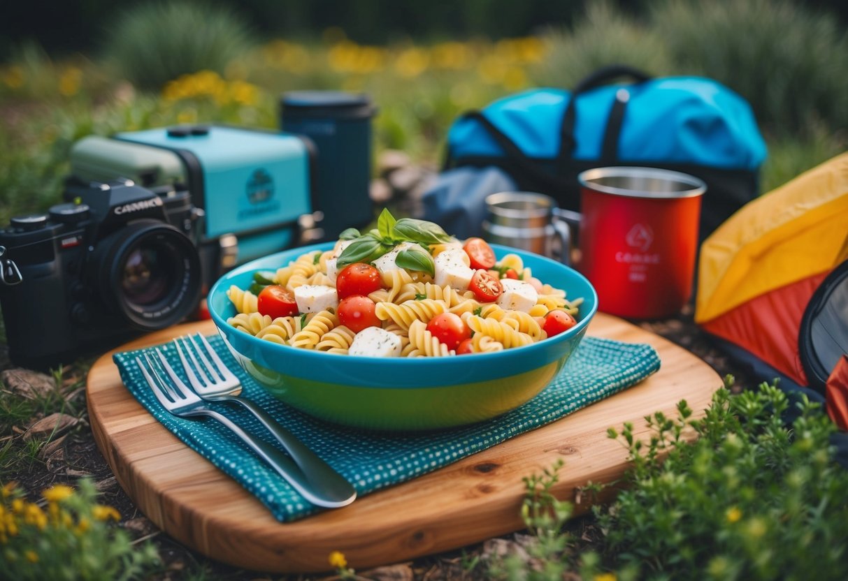 A colorful bowl of Caprese pasta salad surrounded by camping gear and nature