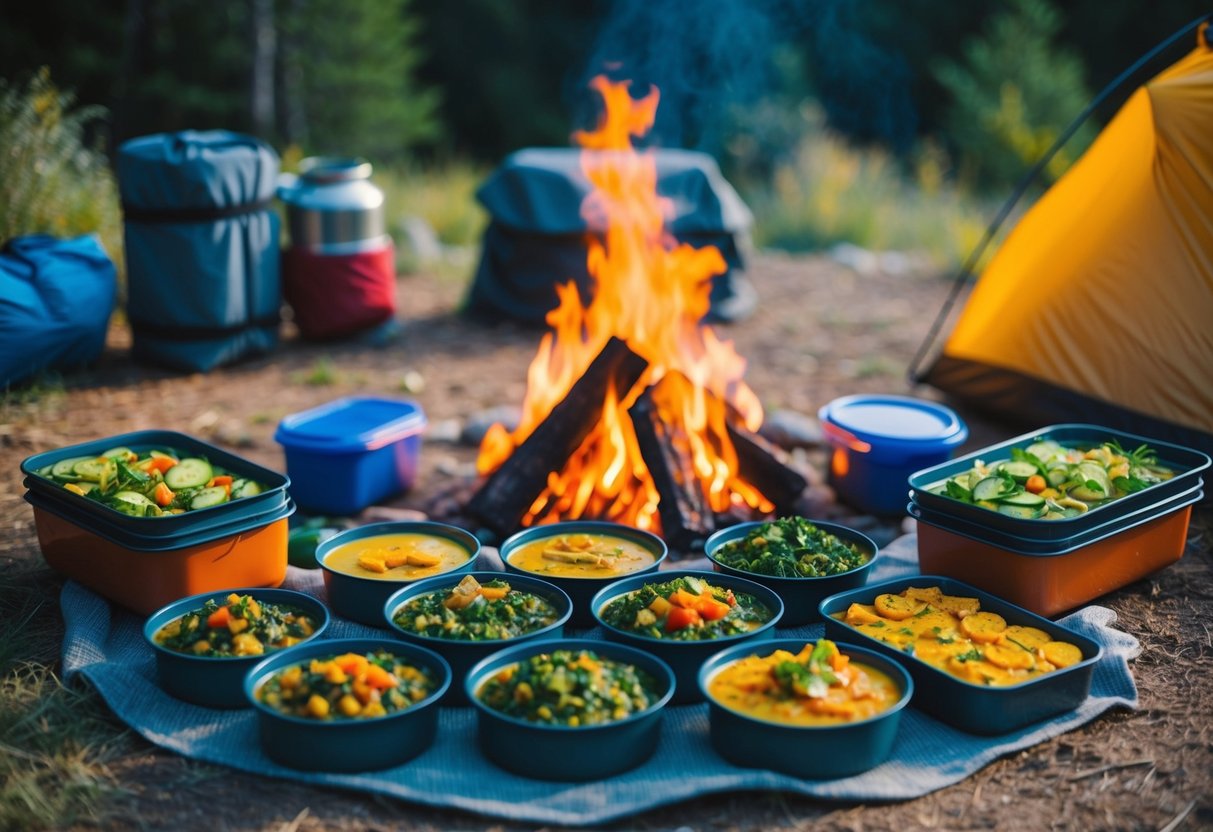 A campfire surrounded by a variety of pre-prepared vegetarian dishes in containers, with camping gear and nature in the background