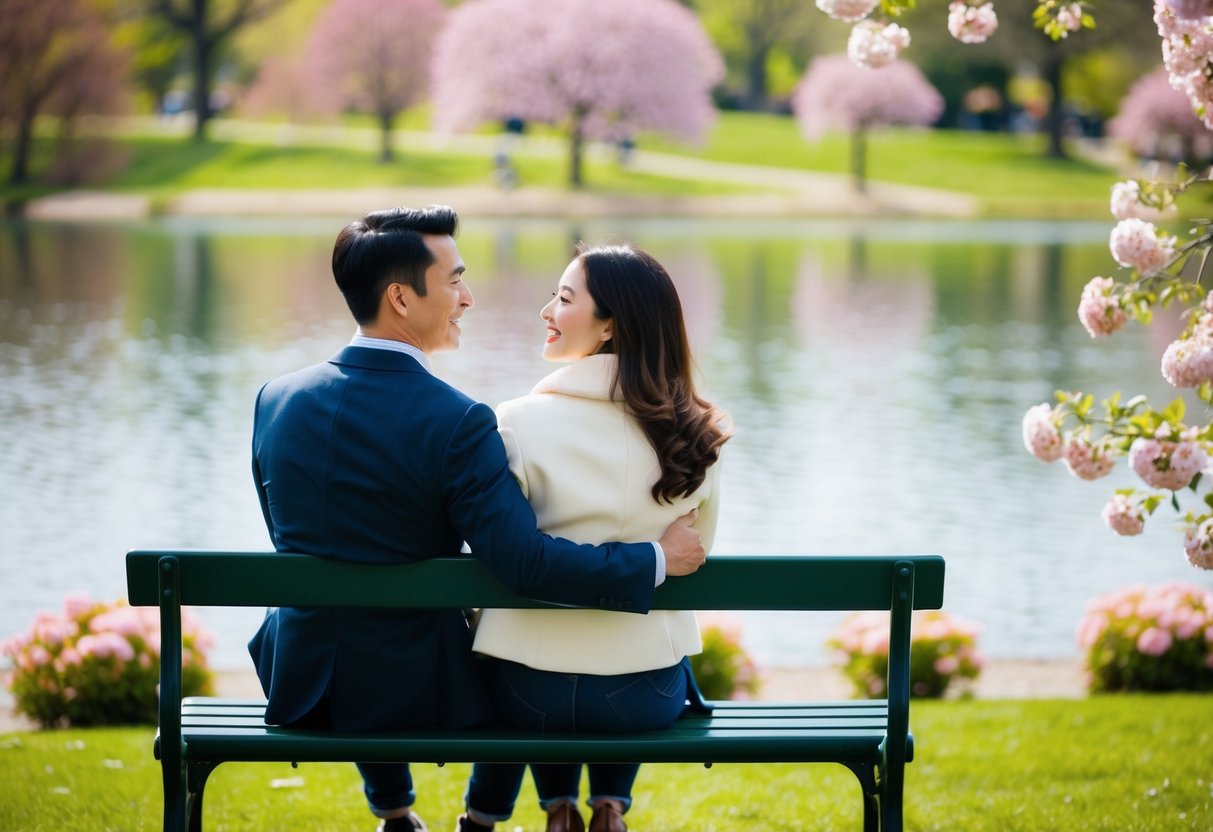 A couple sitting on a park bench, surrounded by blooming flowers and a serene lake, gazing into each other's eyes with a sense of joy and contentment